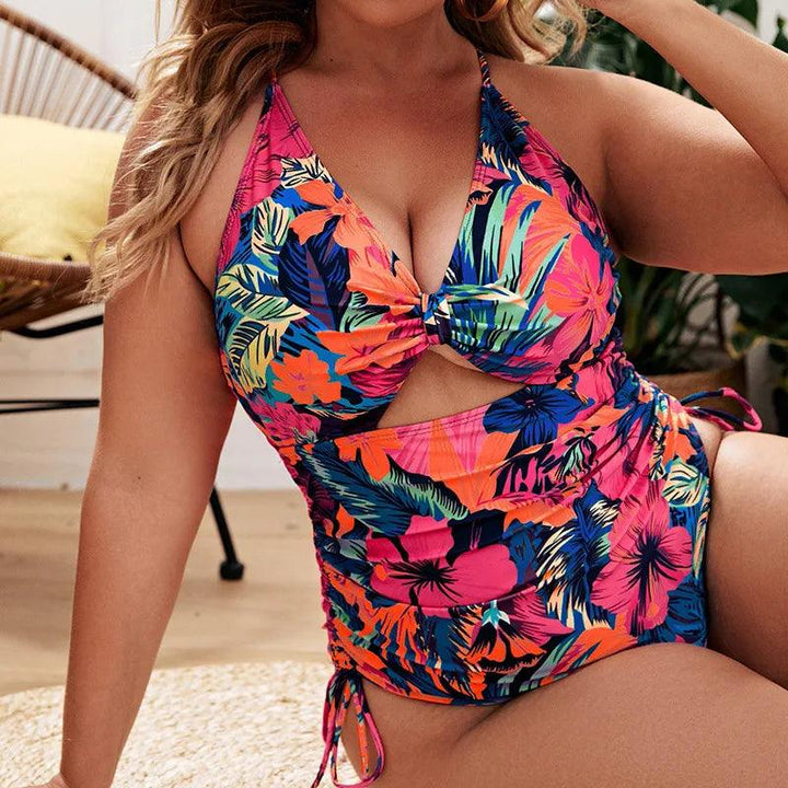 2024 New High Waisted Swiming Suits Plus Size Floral Print Cutout Drawstring Monokini One Piece Swimsuit Women-THAT FASHION STORE