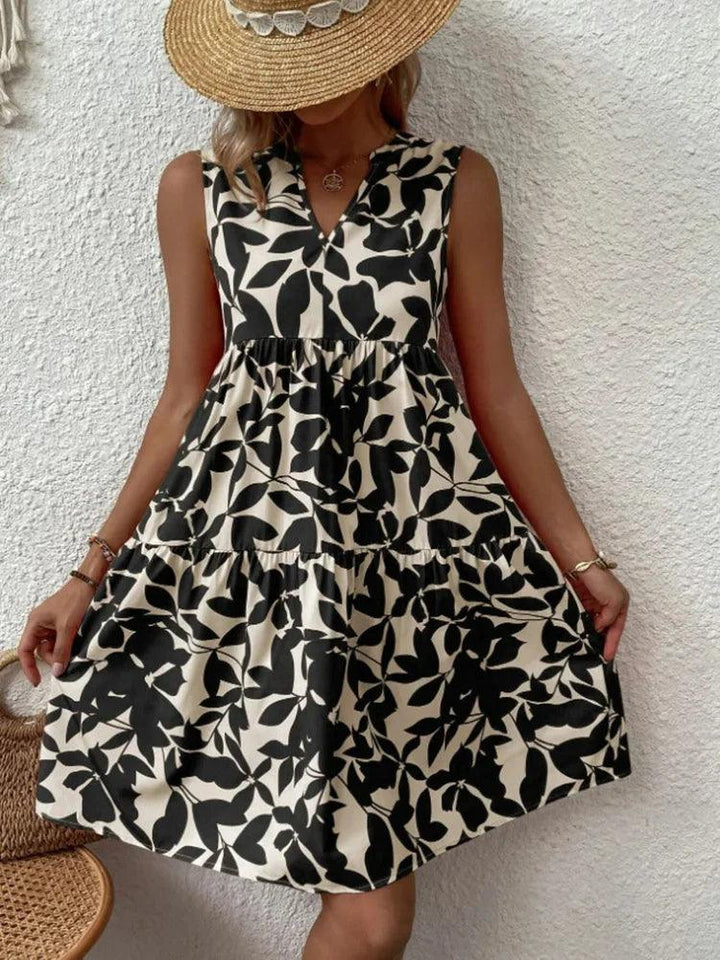 Women Boho Print Mini Dress Summer Elegant Sleeveless V Neck Ruffle A Line Tank Dress Casual Loose Oversize Beach Party Sundress-THAT FASHION STORE