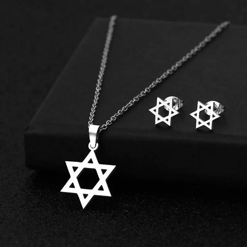 YILUOCD David Star Necklace Earrings Set Classic Jewish Star of David Pendant Stainless Steel Jewelry Sets for Women-THAT FASHION STORE