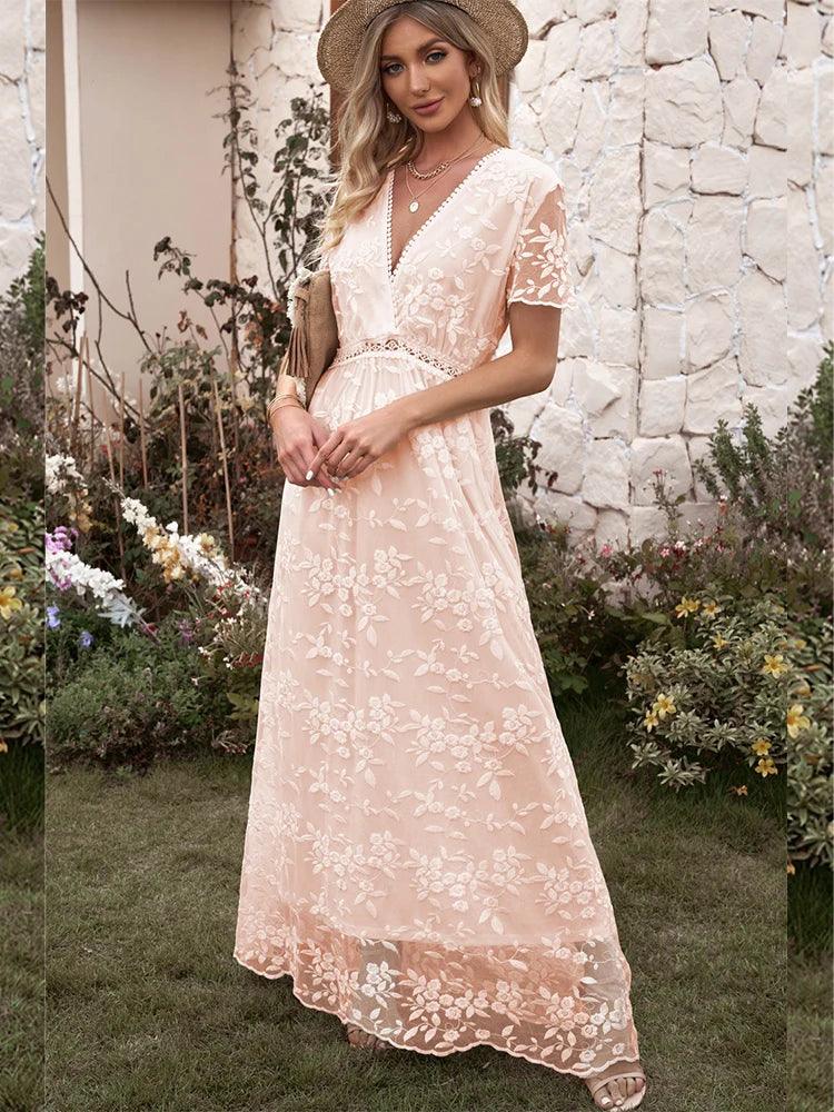 Embroidery Boho Long Dress Women Elegant Hollow Out Lace Holiday Beach Dress Female Fashion V Neck Short Sleeve Maxi Dress 2023-THAT FASHION STORE