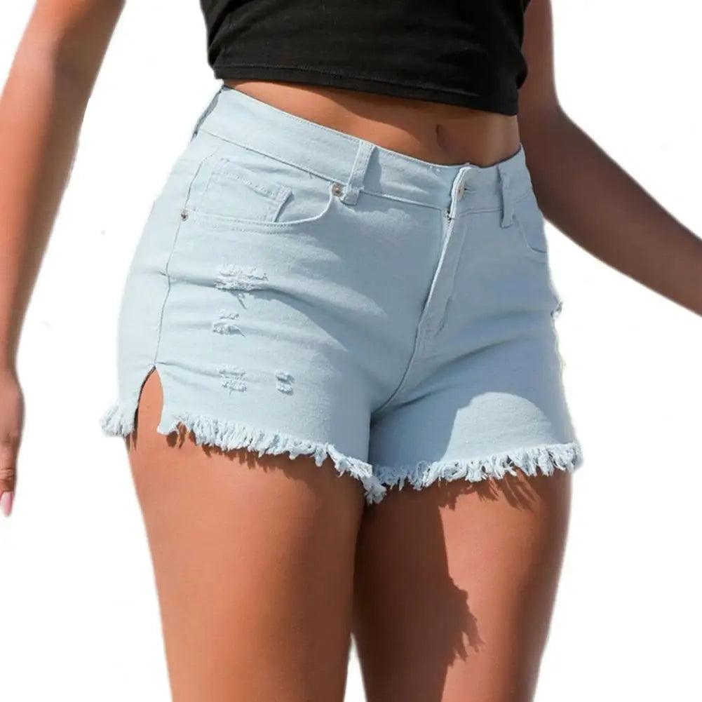 Summer Denim Shorts Women Ripped Edge Multi Pockets Button Zipper Slim High Waist Breathable Party Club Shorts Jeans Pink-THAT FASHION STORE