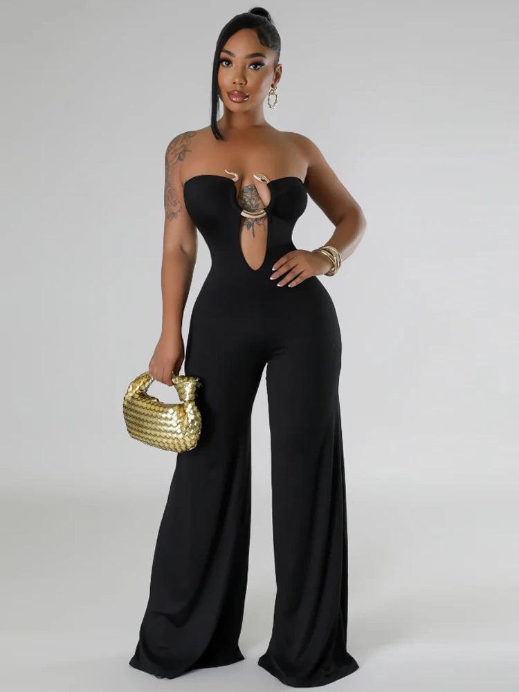 Beyprern Fashion Off Shoulder Snake Metal Jumpsuits One Piece Outfits Beautiful Strapless Hollow Out Wide Leg Rompers Overalls-THAT FASHION STORE