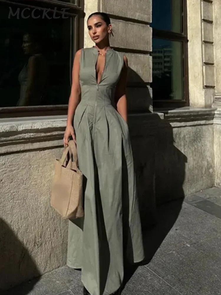 Elegant Zipper Slim Pleated Maxi Dress Women Fashion Solid V-neck Sleeveless Dresses 2024 Summer New Office Lady Commuting Robe-THAT FASHION STORE