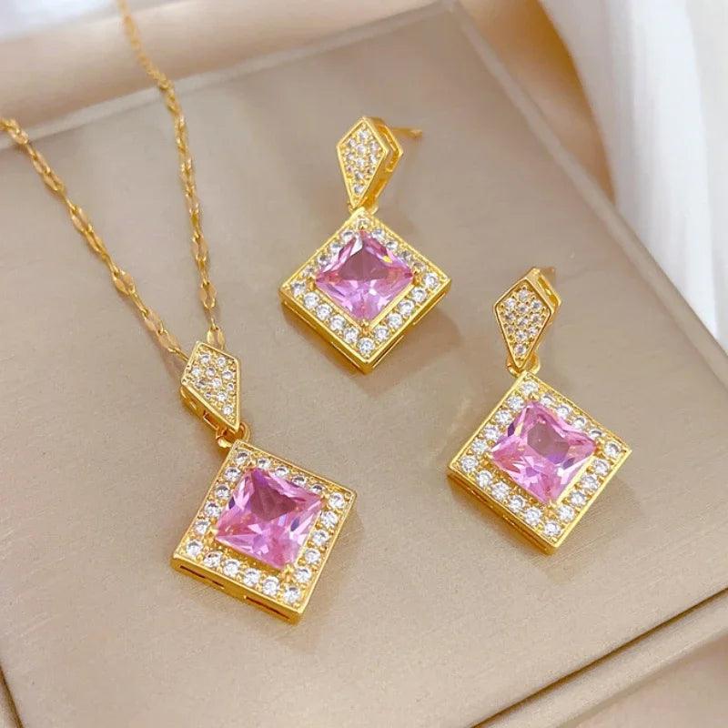 Exquisite Geometry Square Necklace Earrings Bracelet Jewelry Set Charm Ladies Jewelry Fashion Bridal Accessory Set Romantic Gift-THAT FASHION STORE