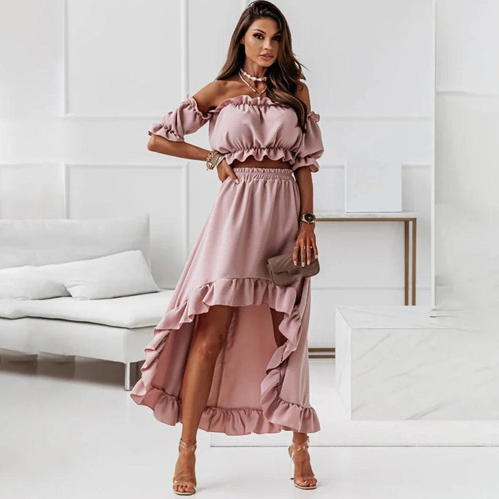 Sexy Off Shoulder Two Piece Set Women Summer Ruffle Backless Outfits Puff Sleeve Strapless Beach Party Skirts 2 Piece Sets Robe-THAT FASHION STORE