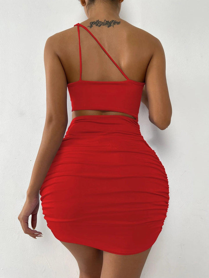 Sexy One Shoulder Hollow Out Mini Dress Sleeveless Backless Women Party Nightclub Bodycon Outfit Two Piece Set-THAT FASHION STORE