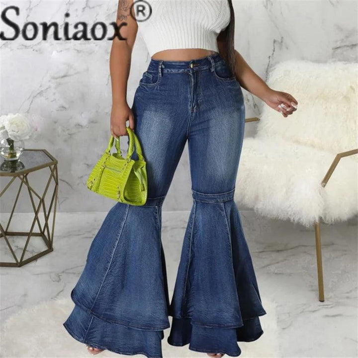 Fashion Splicing Layers Flared Jeans Women High Waist Comfortable Commuter Denim Pants Female Casual Stretch Wide Leg Trousers-THAT FASHION STORE