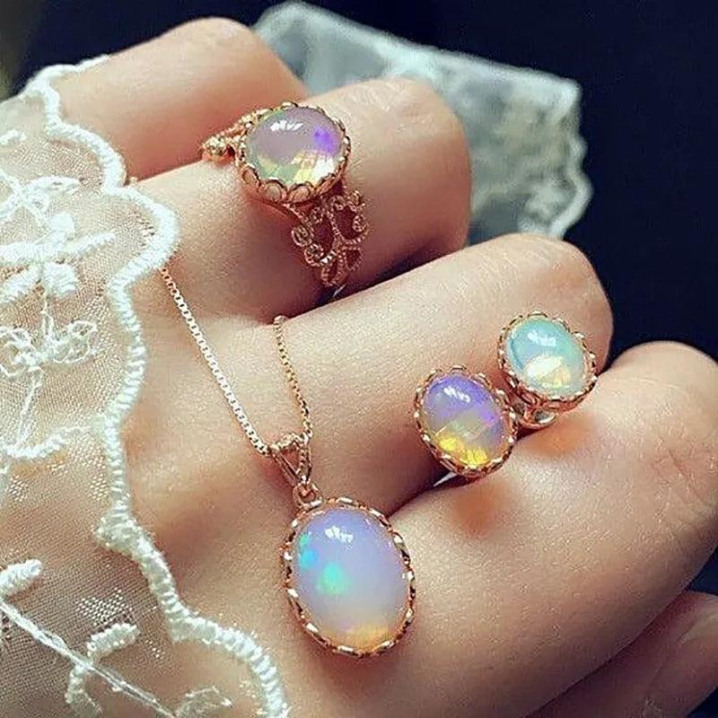 New Fashion Elegant Opal Jewelry Sets For Woman Cubic Zirco Water Drop Necklace Pendant Earrings Bridal Wedding Party Gift-THAT FASHION STORE