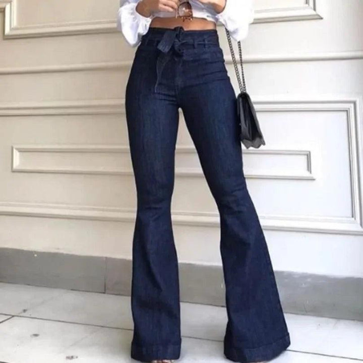 Women Jeans Solid Color High Waist Flare Pants Zipper Fly Flat Pockets Streetwear Slim Patchwork Button Slight Strech Belt-THAT FASHION STORE