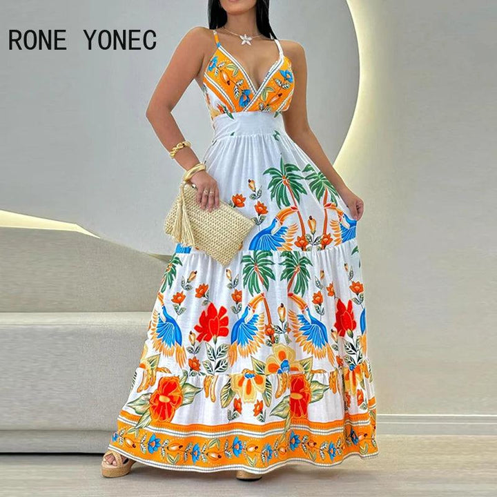 2024 Women All Over Print Deep V Neck Spaghetti Straps Ruffles Maxi Sexy Vacation Dresses-THAT FASHION STORE