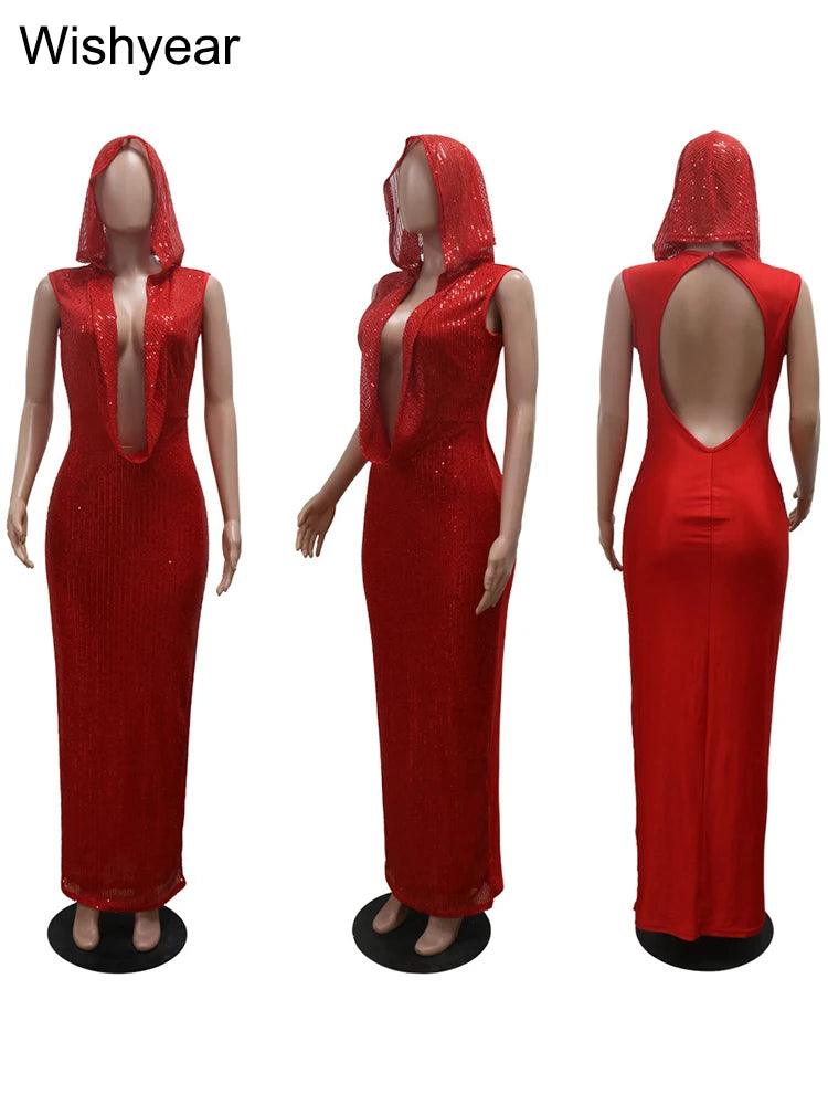 New Luxury Birthday Red Hooded Dress for Women Sexy Deep V Neck Sequins Glitter Mesh See Through Back Open Sparkly Evening Robe-THAT FASHION STORE