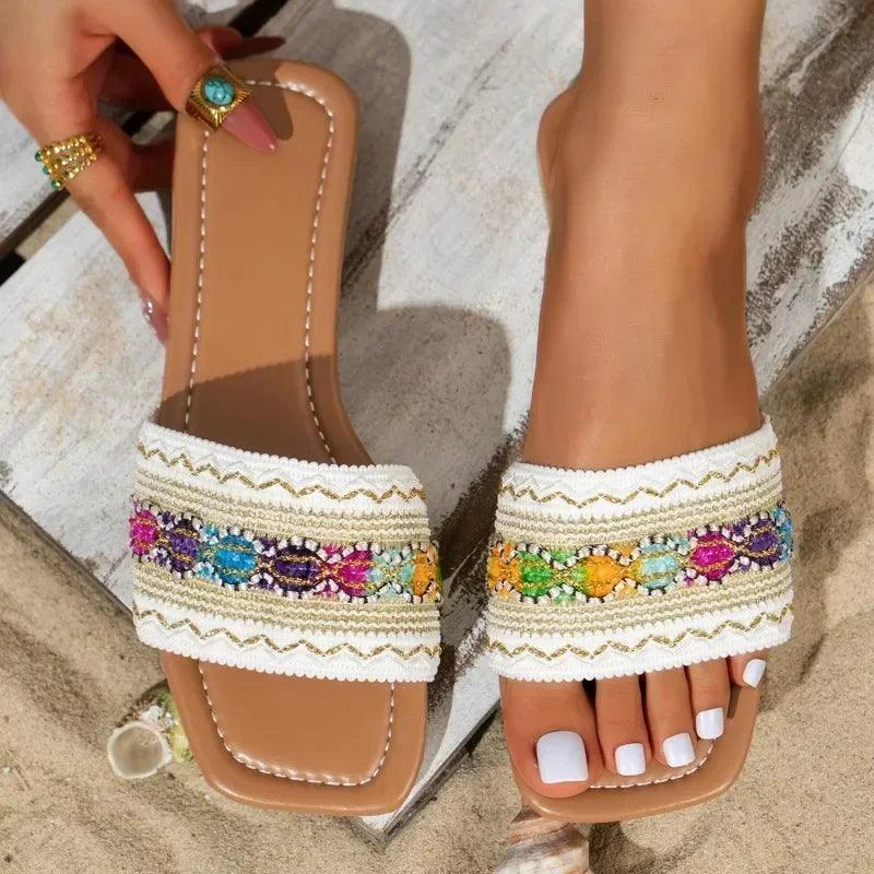 Slippers Women Square Toe Summer Open Toe Female Shoes on Sale Mixed Colors Outdoor Casual Beach Women Flat Large Size Slippers-THAT FASHION STORE