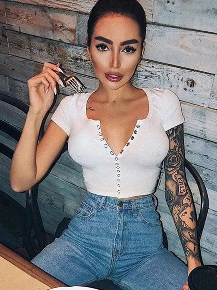 Fashion Sexy Women Short Sleeve Crop Top Button Vest Halter Casual White Tank Tops Blouse Short Shirt-THAT FASHION STORE