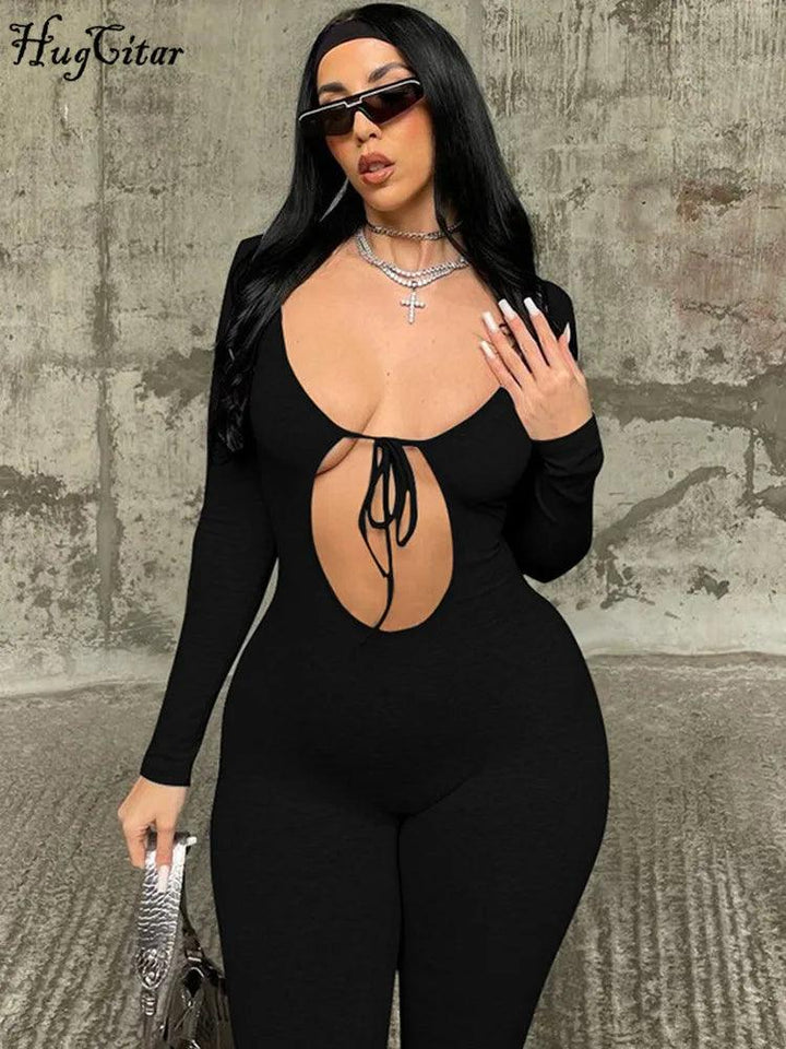 Hugcitar Fall Solid V Neck Long Sleeve Hollow Out Lace Up Sexy Bodycon Jumpsuit Women Fashion Streetwear Sport Romper Overalls-THAT FASHION STORE