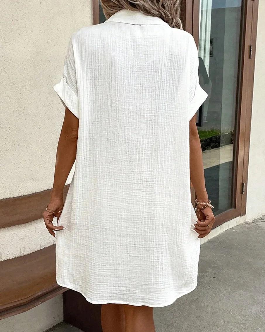 Summer Solid Simple Short Sleeve Shirt Dress Women's Turn-down Collar Single Breasted Casual Elegant Ladies Loose Dresses-THAT FASHION STORE