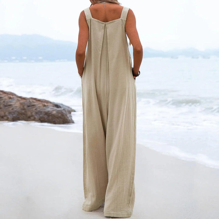 Women Rompers Cotton Linen Loose Jumpsuit Women Casual Solid Color Wide-Leg Pants Button Strap Romper Holiday Beach Overalls-THAT FASHION STORE