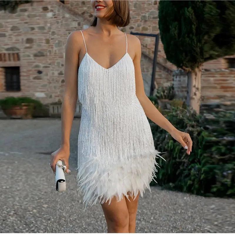 2023 New Sexy Tassel Sequins Feather Mini Dress Women Spaghetti Strap Stitching Dresses Female Elegant Evening Party Club Dress-THAT FASHION STORE