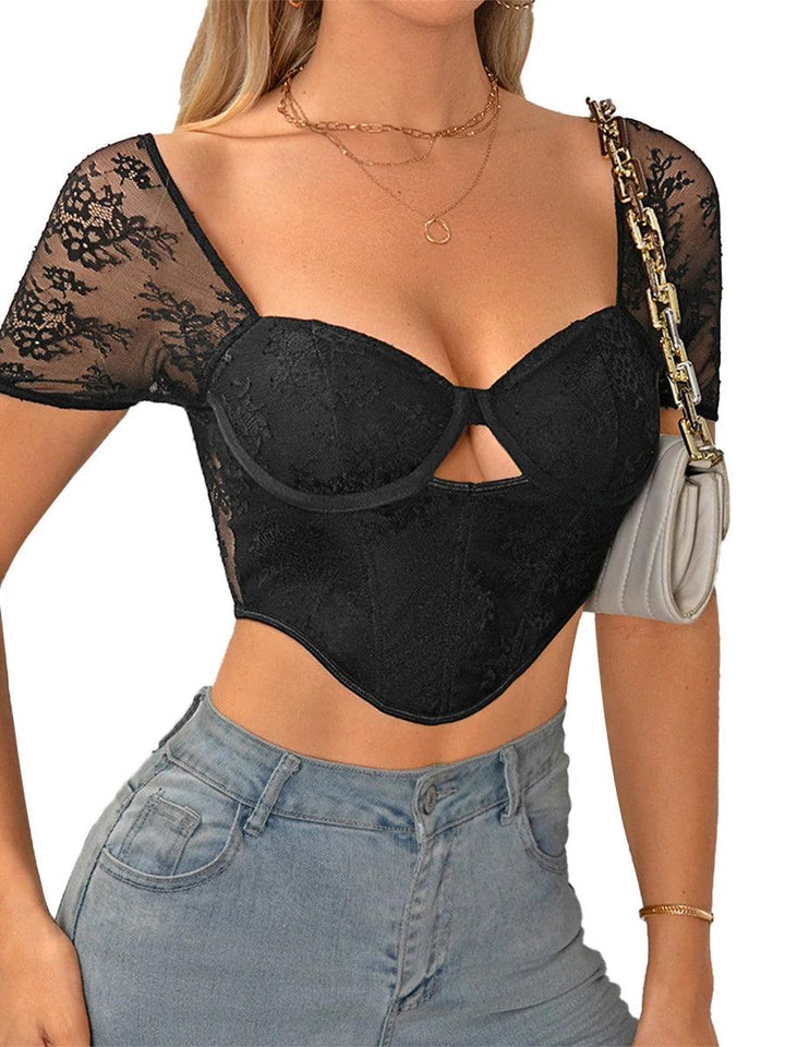 Women Floral Lace Short Sleeve Crop Top Sexy Square Neck Backless Mesh Tights T-Shirts-THAT FASHION STORE