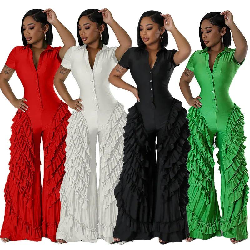 CM.YAYA Fashion Women Mult Ruffles Short Sleeve Zipper Fly Wide Leg Shirt Jumpsuit 2024 Streetwear Romper One Piece Set Playsuit-THAT FASHION STORE