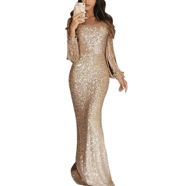 Elegant Ladies Vestidos Plus Size Chic Women Tassel Lantern Sleeve Sequined Tassel Long Sleeve V Neck Bodycon Party Maxi Dress-THAT FASHION STORE