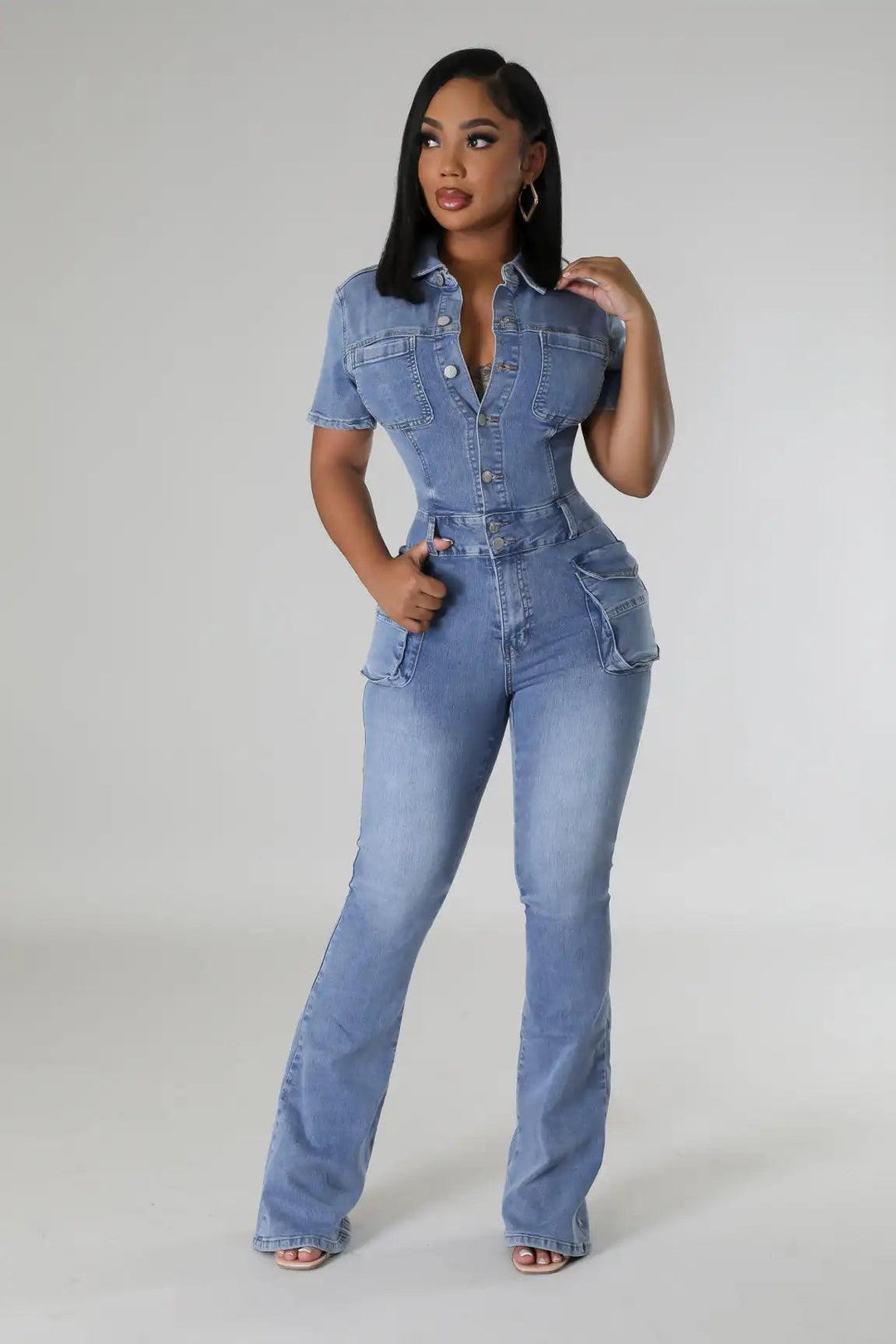 Multi Pockets Wide Leg Jeans Jumpsuit Sexy Women Turn Down Collar Elegant Denim Casual Romper Overalls-THAT FASHION STORE