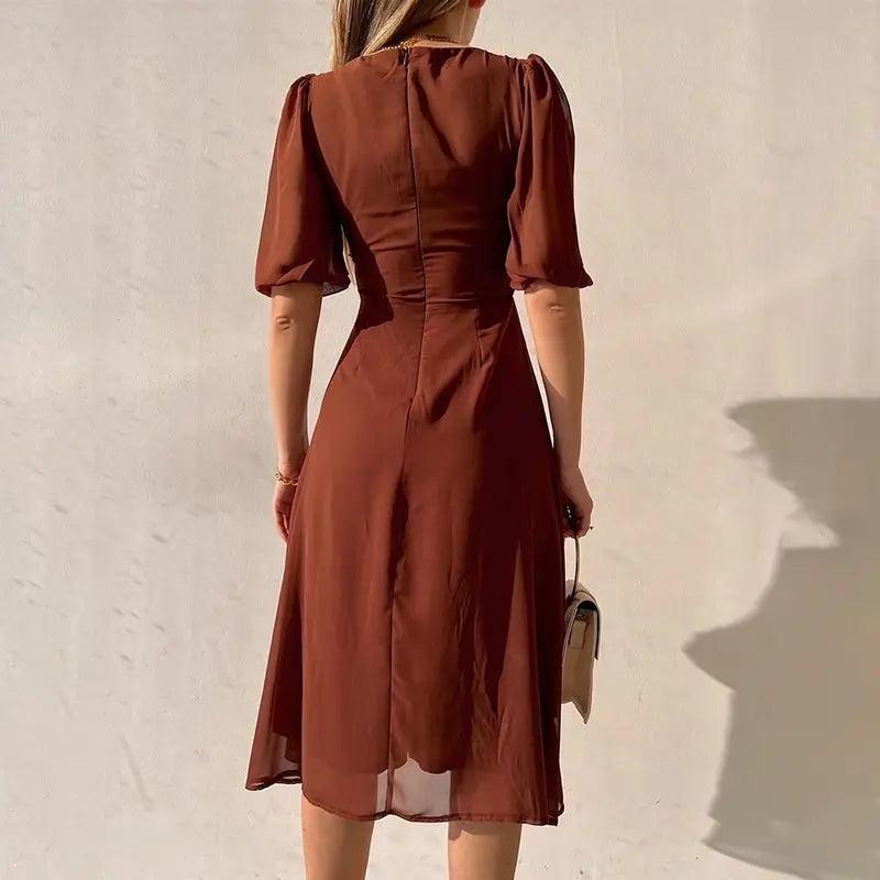 Rimocy 2024 Summer Chiffon High Split Dresses Women Short Sleeve Deep V Neck Midi Dress Woman Lace Elegant Vestido Feminino-THAT FASHION STORE