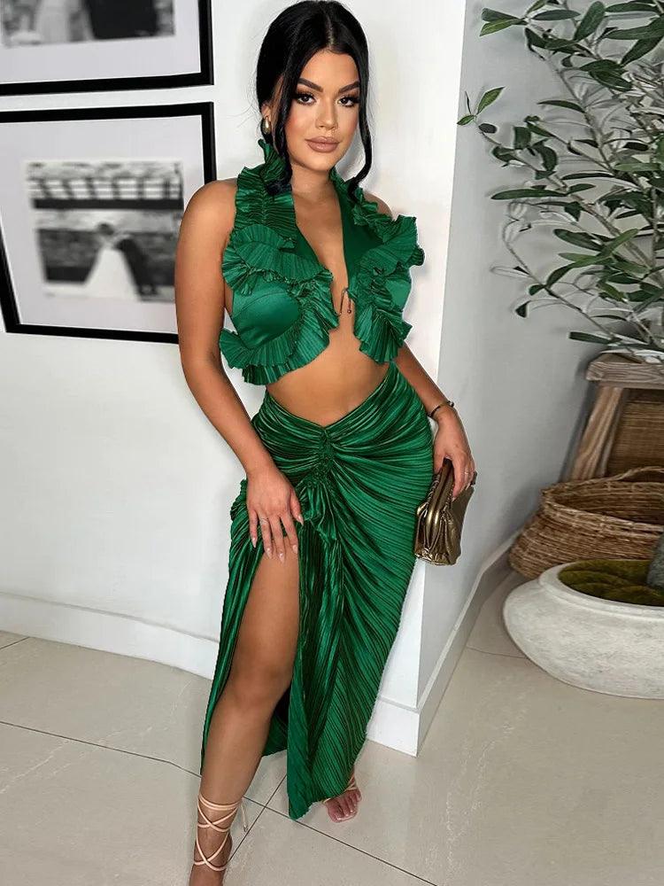 Beyprern Beautiful Pleated Cropped Top + High Slit Resort Skirt Set Summer Ruffles Glamour Skirt Set Night Club Outfits Clubwear-THAT FASHION STORE