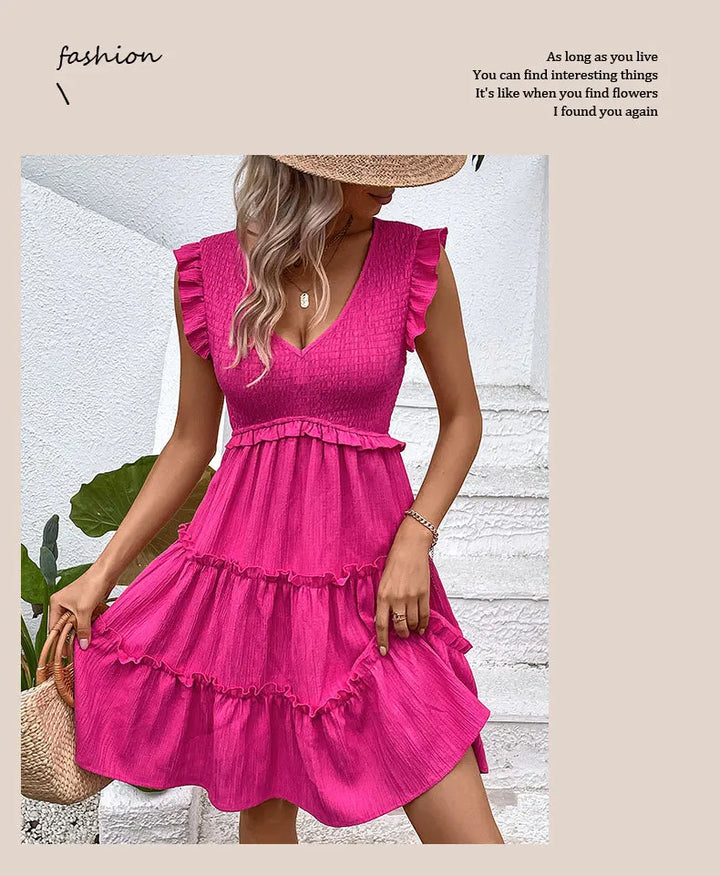 Summer Midi Dresses For Women Casual Red Ruffle Big Hem Holiday Beach Dress Fashion Sleevelee V Neck New In Dresses 2024 - THAT FASHION STORE