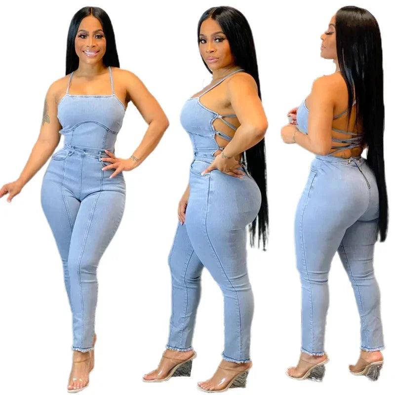 Women 2023 Sling One Piece Sleeveless Slim Fit Backless Denim Jumpsuits High Waist Sexy Sheath Overalls Long Pants Rompers-THAT FASHION STORE