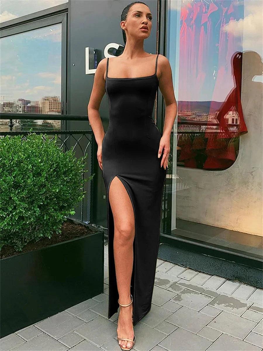 Women Summer Sexy Bodycon Dress Lady Sexy Spaghetti Strap Sleeve Split Solid Color Sheath Dress Vestidos-THAT FASHION STORE