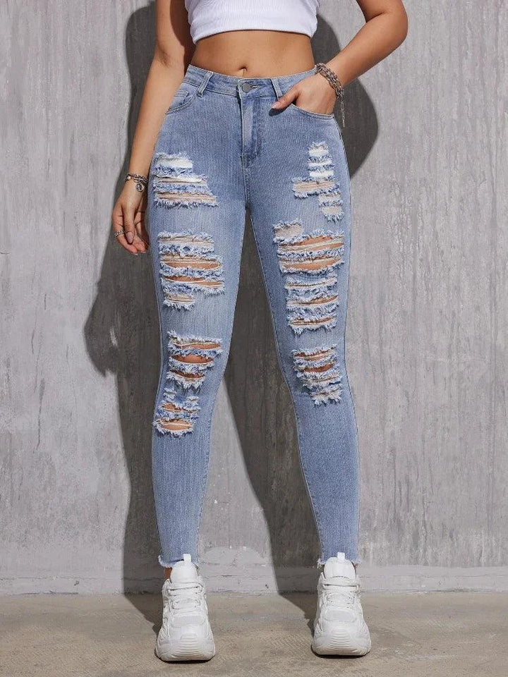 Women Stretch Skinny Ripped Jeans Lady High Waist Hole Denim Pants Zipper Button Fly Pockets Solid Color Denim Pencil Trousers-THAT FASHION STORE