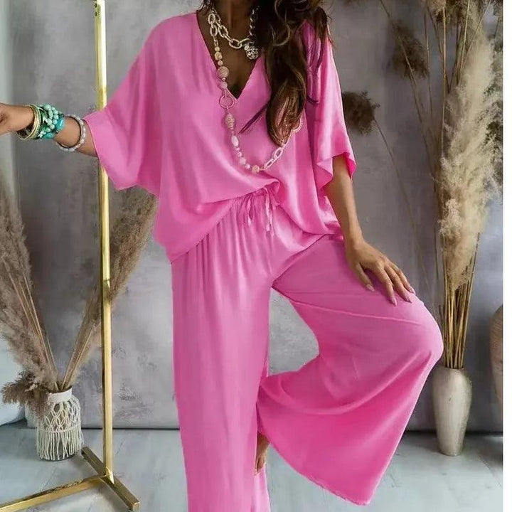 2024 Summer Pant Sets two piece sets For Women V neck Bat Sleeve Casual Loose Wide-leg Pants 2 piece set solid homewear Outfits-THAT FASHION STORE