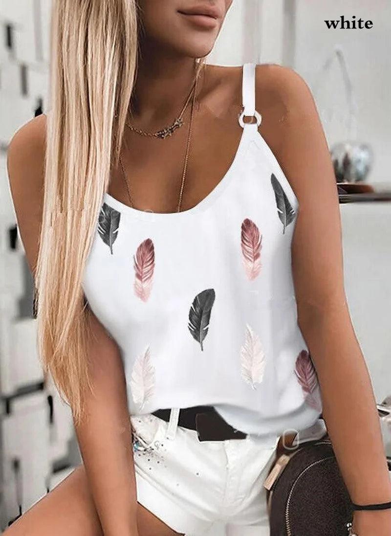 2022 Summer Women Wear New Pattern Fashion T-Shirt Summer Casual Feather Print Sleeveless Tank Tops Camisole Coat-THAT FASHION STORE