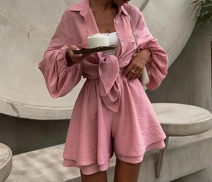 Two Piece Set Women Outfit 2023 Fashion Autumn New Solid Bubble Sleeve Shirt & Casual Wide Leg High Waist Shorts Set Streetwear-THAT FASHION STORE