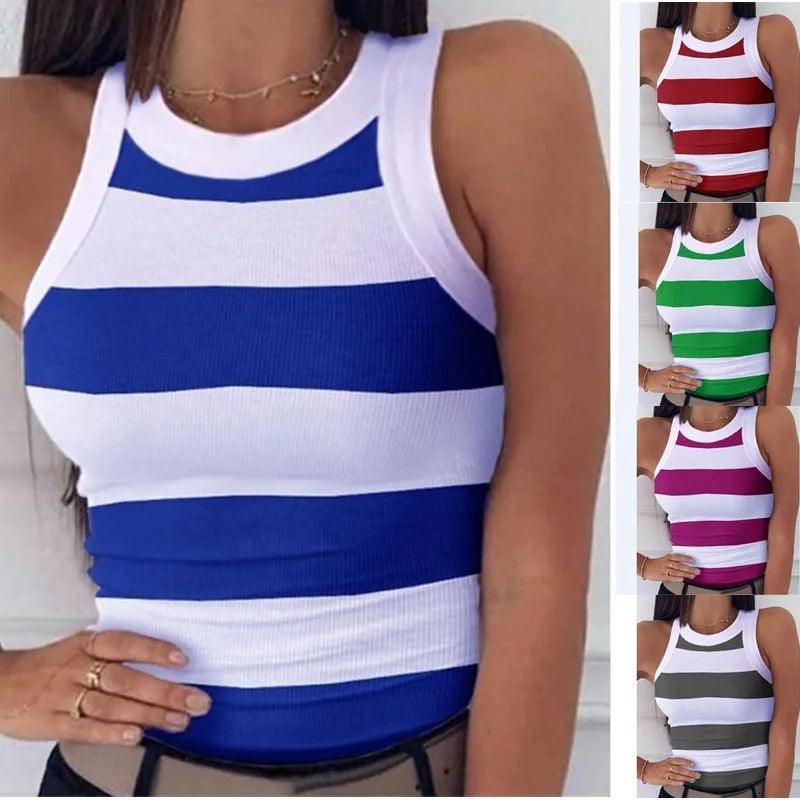 Summer Basic Elastic Tank Top Digital Printing T-shirt Women's O Neck Racerback Sexy Tank Top Stripe Print Sleeveless Tank Top-THAT FASHION STORE