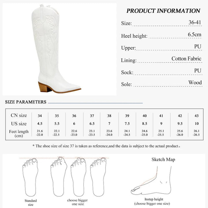 GMQM New Fashion Women 's Embroidered Western CowBoy Shoes Knee High Boots PU Chunky Heel Platform Boots Pointed Toe Punk Style-THAT FASHION STORE