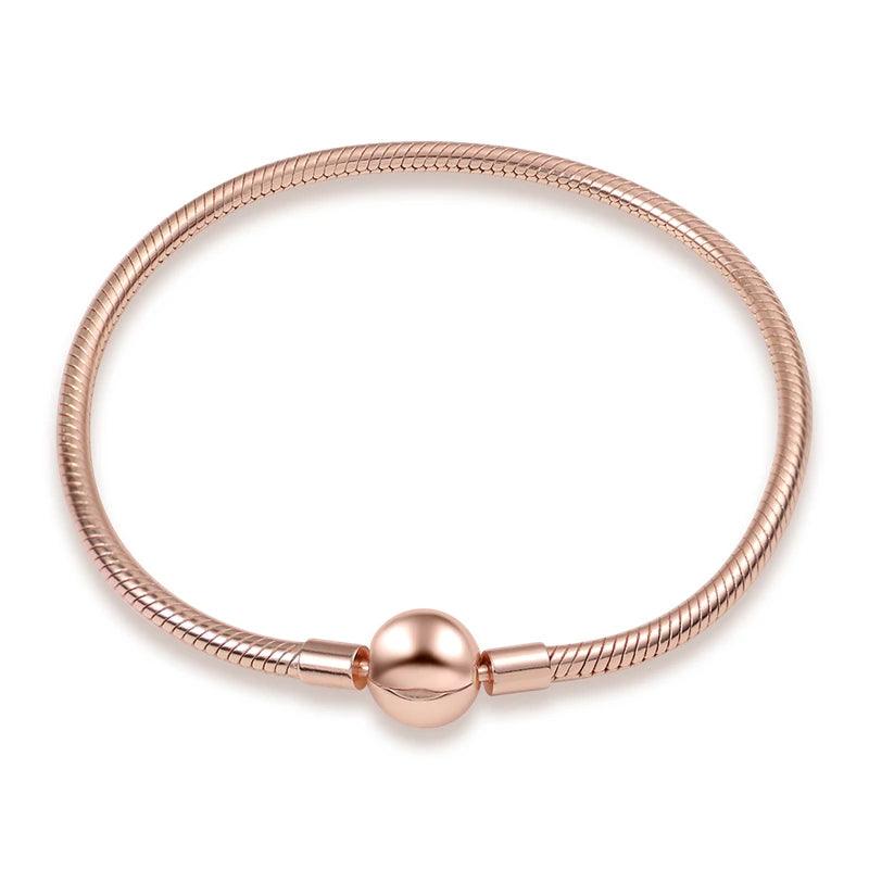 925 Sterling Silver Original Genuine Certified Rose Gold Luxury Charm Beads Bracelet Snake Chain For Women Jewelry Flat Bracelet-THAT FASHION STORE