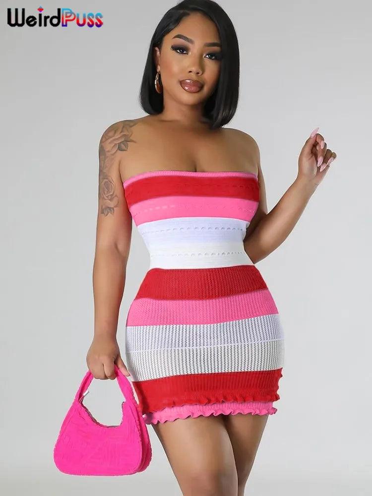 Weird Puss Knit Women Tube Dress Elegant Summer Patchwork Striped Ruffles Hem Skinny Stretch Bodycon Street Vacation Clubwear-THAT FASHION STORE