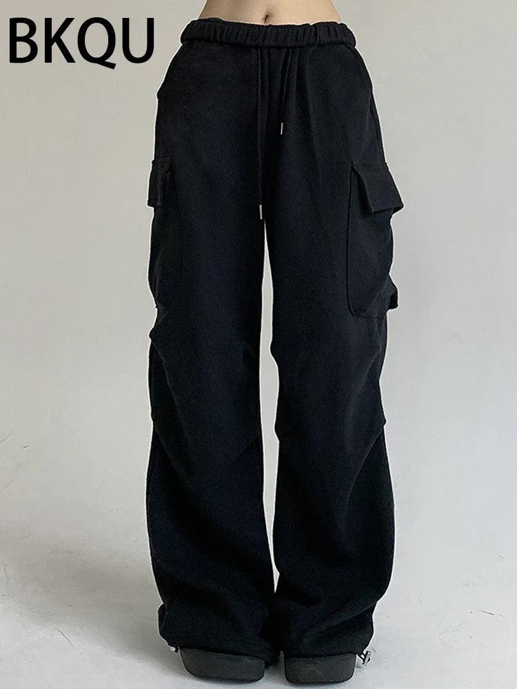 BKQU 2023 Baggy Wide Leg Cargo Pants Women Casual Oversized Pockets Low Waist Straight Jeans Streetwear Hippie Joggers Trousers-THAT FASHION STORE