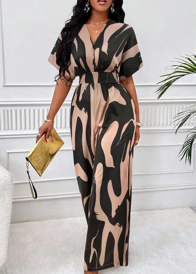 One Piece Women Print V Neck Half Sleeve Loose Wide Leg Long Pants Overalls Casual Splice Romper Tight High Waist Jumpsuits-THAT FASHION STORE