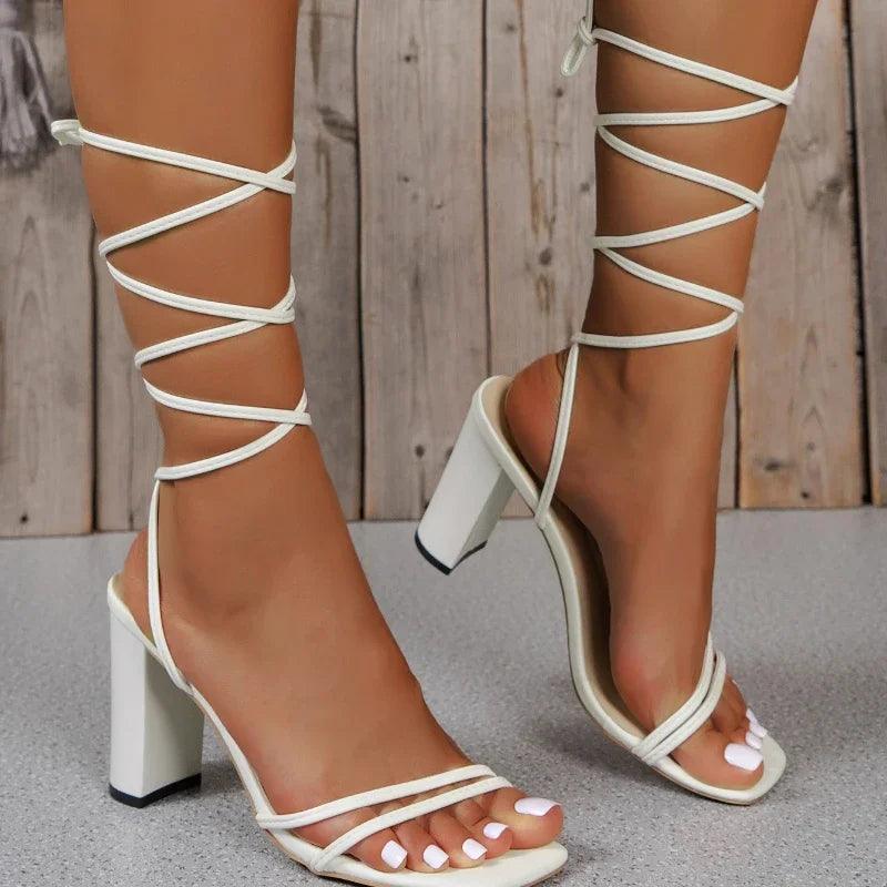 New Summer Women White Elegant Cross Strap Solid Color Square Toe High Heels Woman Open Toe Fashion Sexy Banquet Roman Sandals-THAT FASHION STORE