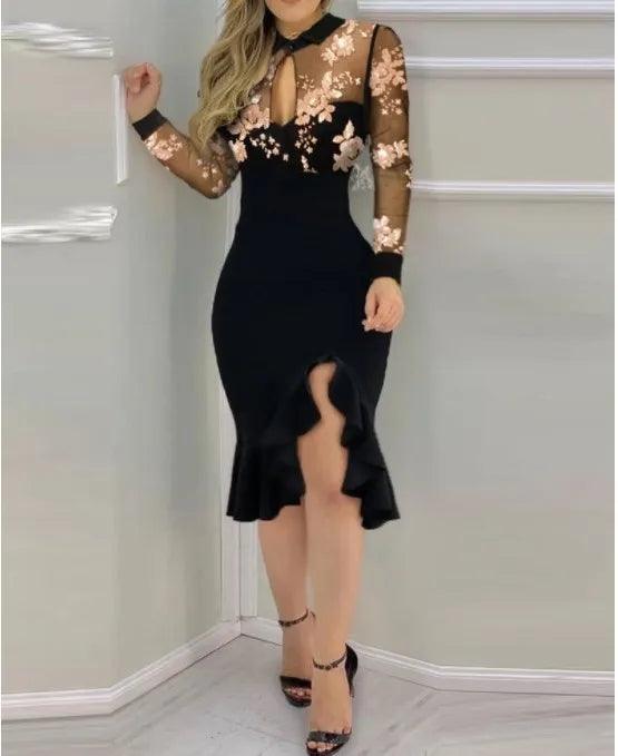 Sexy Mesh Ruffle Dress Long Sleeve Long Dress Europe and America Fashion Wedding Guest Embroidered Sequin Elegant Party Dresses-THAT FASHION STORE