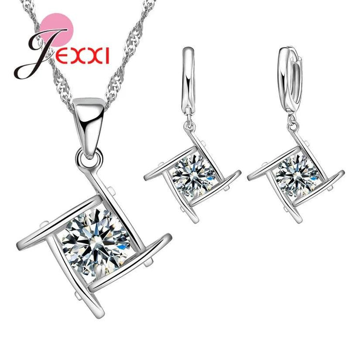 Cheap Sale 925 Sterling SilverCrystal Flower Square Pendant Necklace Earrings Jewelry Set For Women Girls Wedding Engagement-THAT FASHION STORE