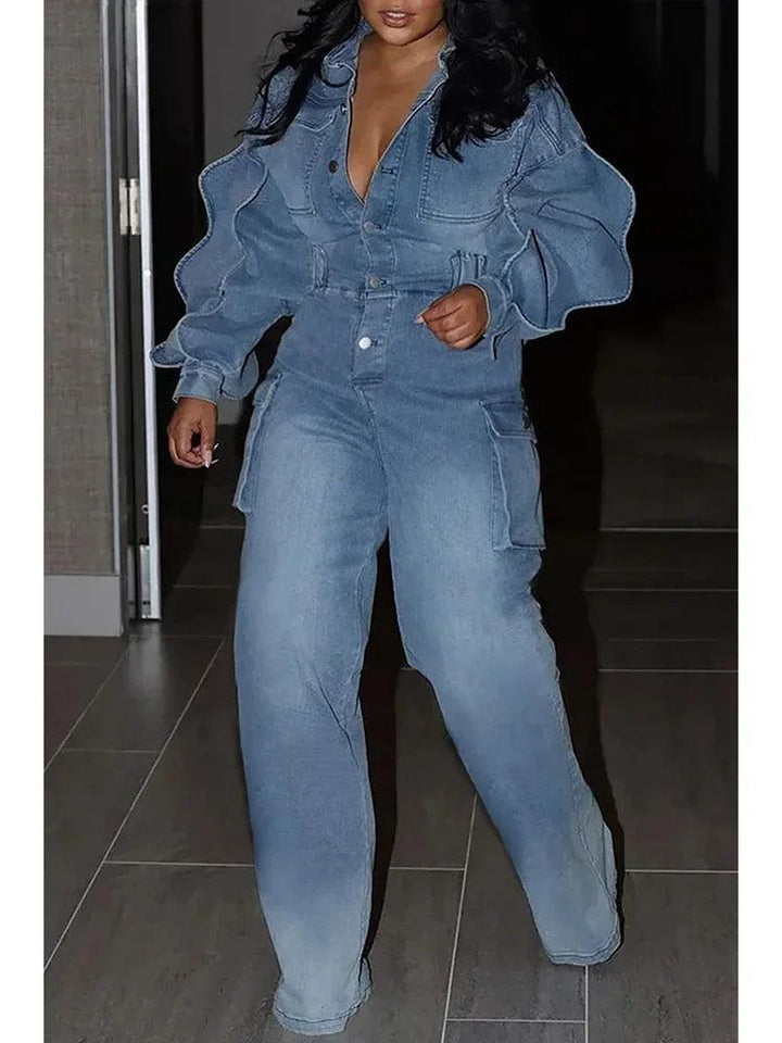 Fashion Women Jeans Jumpsuit Lantern Sleeve Turn Down Collar Retro Button Pockets Spring Streetwear Rompers Vintage Outfits 2024-THAT FASHION STORE