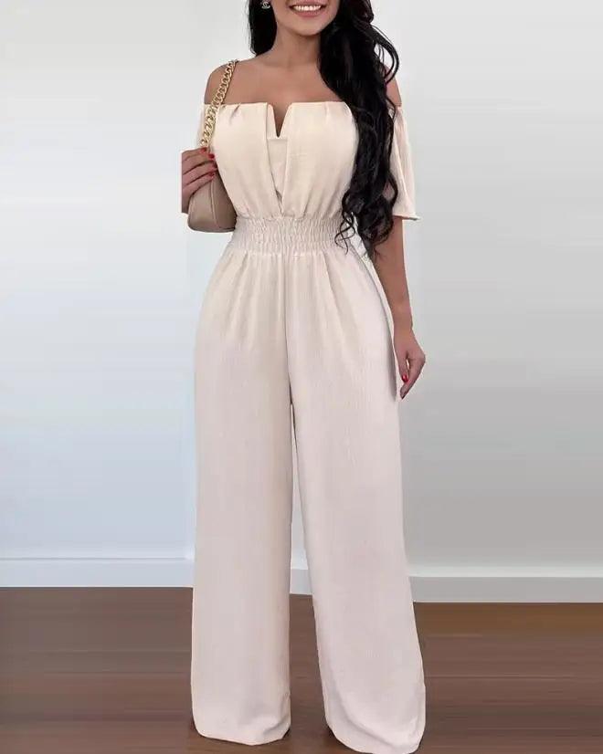 Jumpsuits for Women 2023 Spring Fashion Off Shoulder Casual Plain Short Sleeve Shirred Waist Daily Long Wide Leg Jumpsuit 2024-THAT FASHION STORE