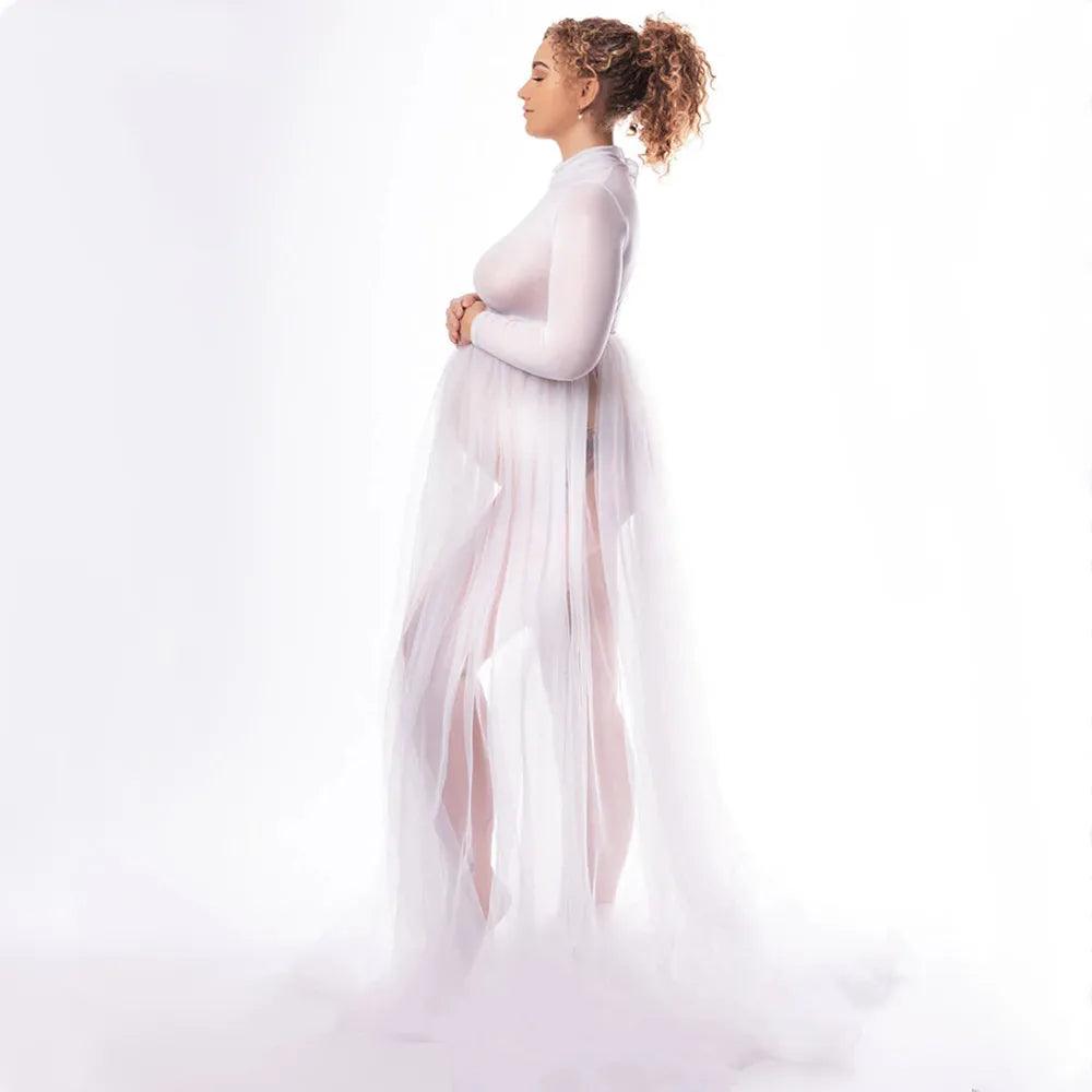 Full Sleeve Stretchy Mesh Maternity Photography Tulle Dress See Through Pregnant Woman Open Front Tulle Dress-THAT FASHION STORE