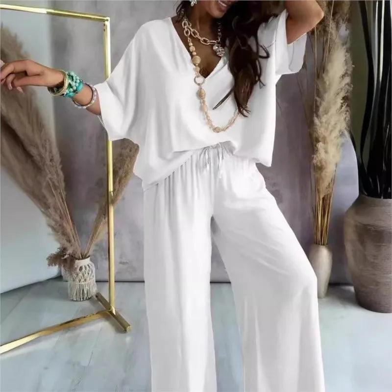 2024 Summer Pant Sets two piece sets For Women V neck Bat Sleeve Casual Loose Wide-leg Pants 2 piece set solid homewear Outfits-THAT FASHION STORE