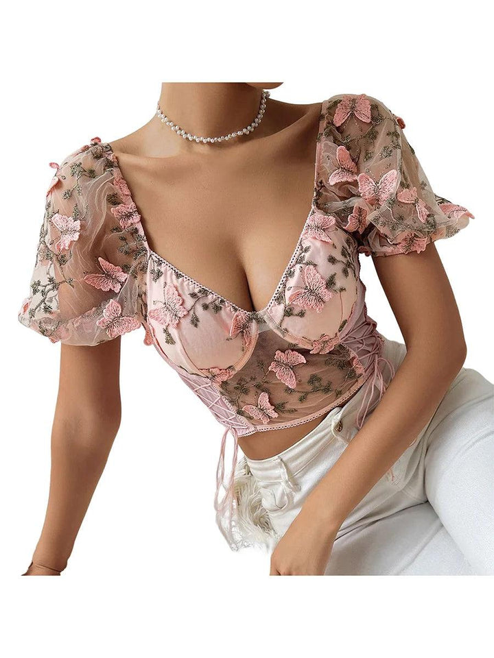 Women Floral Lace Short Sleeve Crop Top Sexy Square Neck Backless Mesh Tights T-Shirts-THAT FASHION STORE