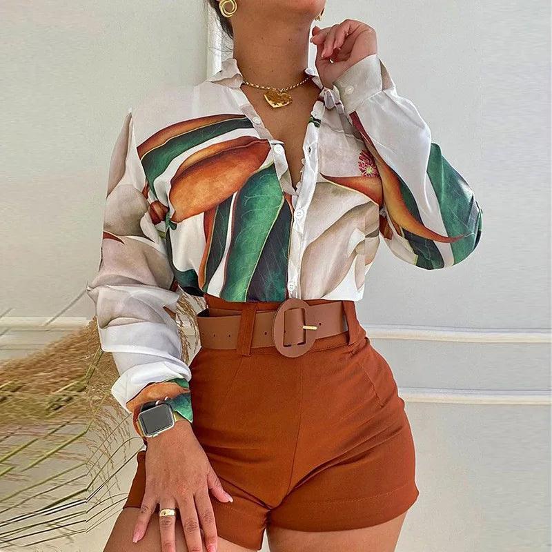 Women's Shorts Suit Summer Fashion Sexy V Neck Long Sleeve Shirts Slim Wear A Belt Elegant Female Blouse Office Two Piece Set-THAT FASHION STORE