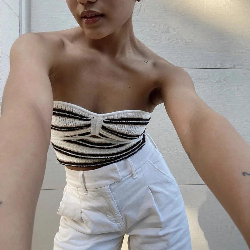 Summer Striped Knitted Tops Women Y2k Fashion Strapless Sleeveless Cropped Tops Sexy Hollow Out Tank Tops Casual Tee 2024-THAT FASHION STORE